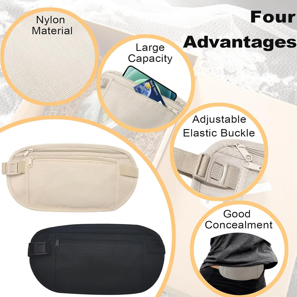 Money Belt, Nylon Fanny Pack Hidden Belt Bag with RFID Blocking for Women Men, Anti-theft Waist Pack Under Clothes with Adjustable Buckle for Travel, Running, Hiking, Cycling (khaki)