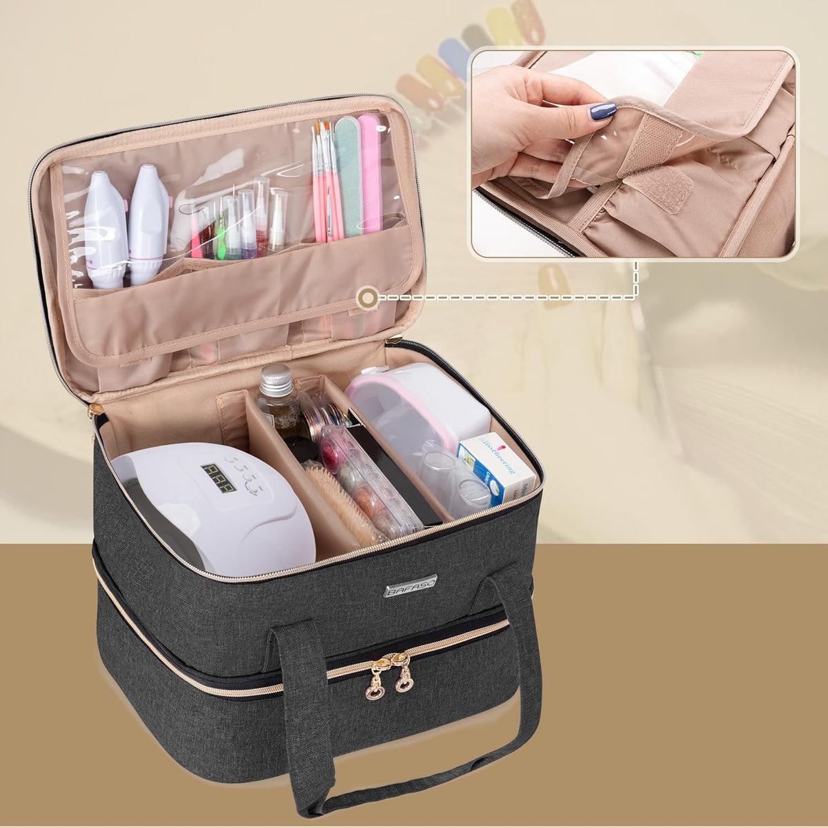 Nail Polish Storage Holds 40 Bottles and a Nail Lamp, Black | Fits 15ml - 0.5 fl.oz, Nail Case with Manicure Tools Sections.