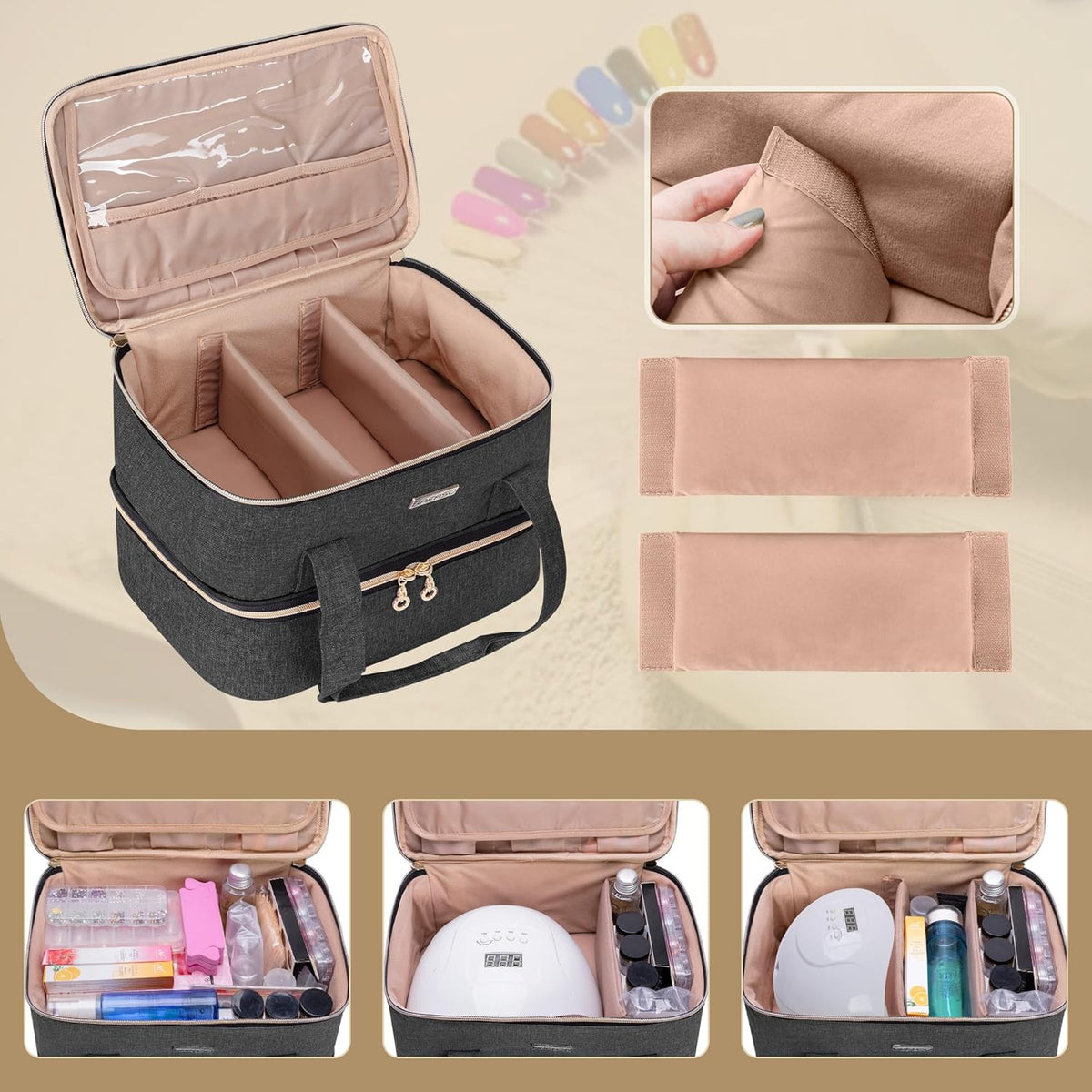 Nail Polish Storage Holds 40 Bottles and a Nail Lamp, Black | Fits 15ml - 0.5 fl.oz, Nail Case with Manicure Tools Sections.