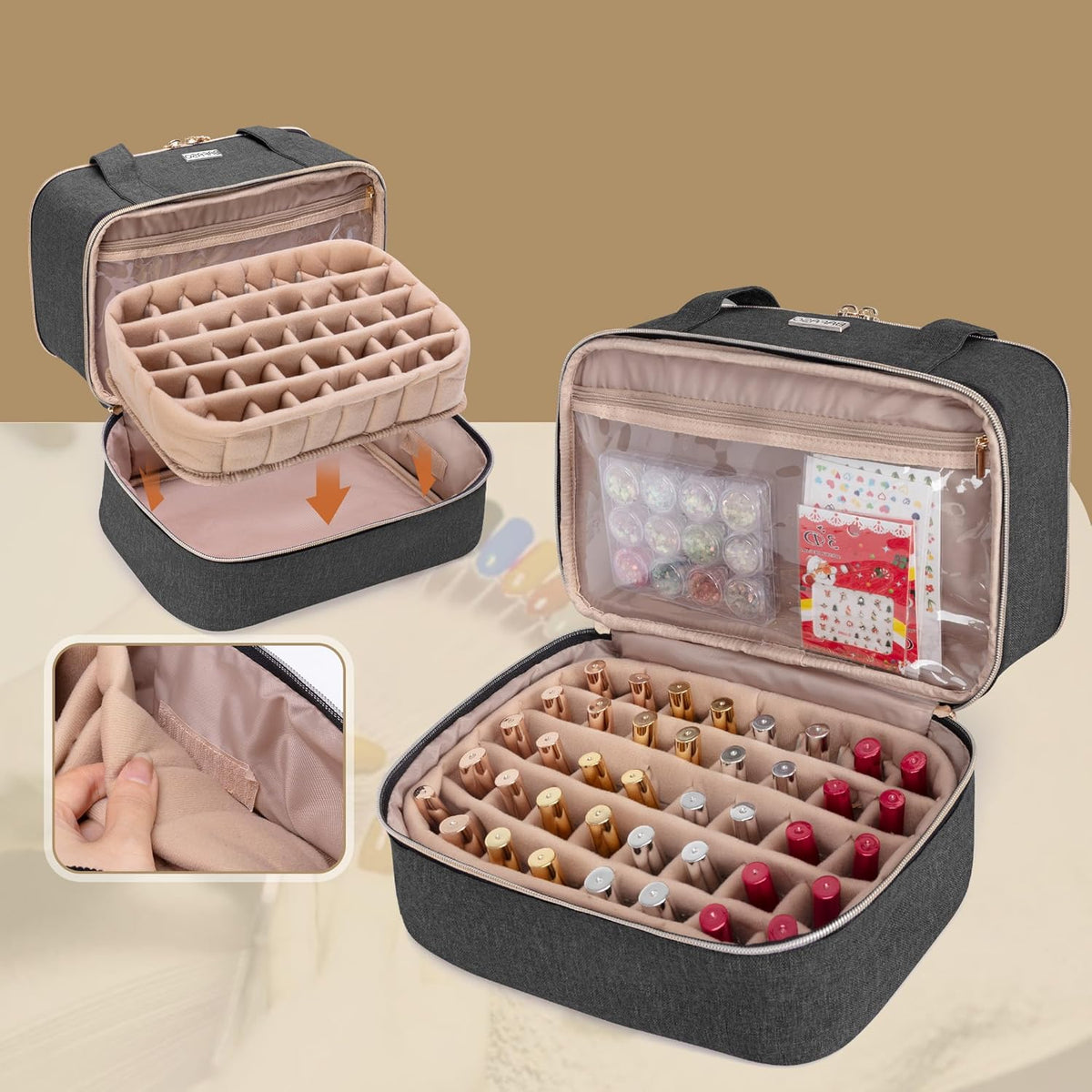 Nail Polish Storage Holds 40 Bottles and a Nail Lamp, Black | Fits 15ml - 0.5 fl.oz, Nail Case with Manicure Tools Sections.