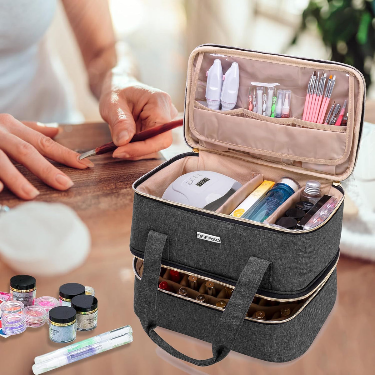 Nail Polish Storage Holds 40 Bottles and a Nail Lamp, Black | Fits 15ml - 0.5 fl.oz, Nail Case with Manicure Tools Sections.