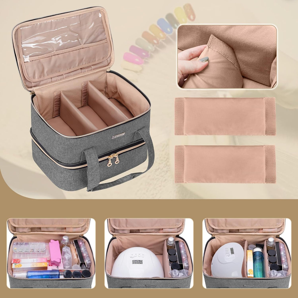 Nail Polish Storage Holds 40 Bottles and a Nail Lamp, Black | Fits 15ml - 0.5 fl.oz, Nail Case with Manicure Tools Sections.