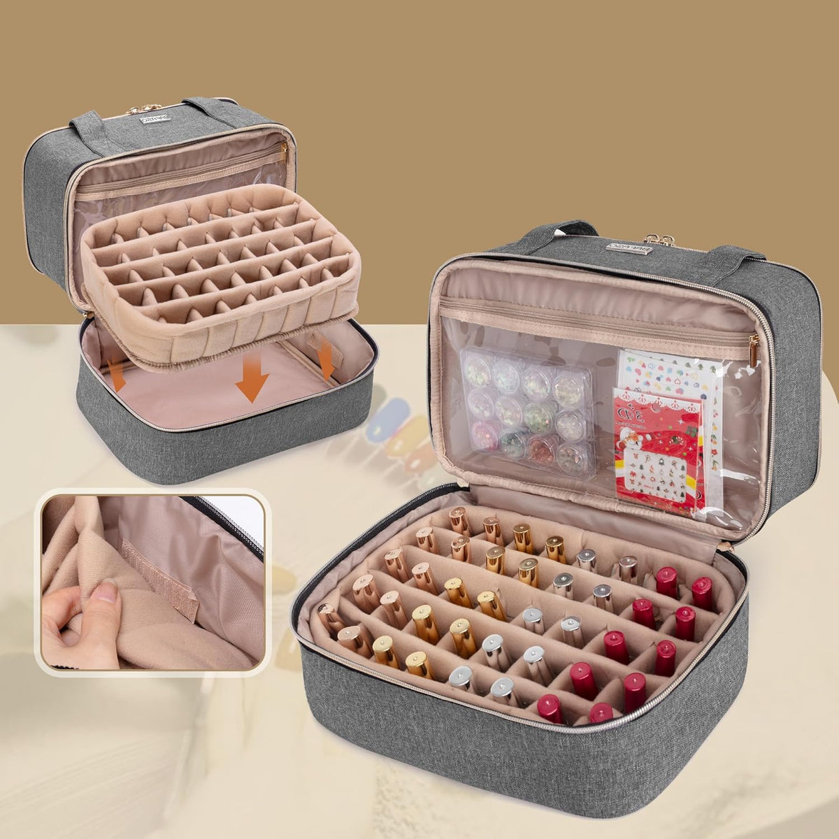 Nail Polish Storage Holds 40 Bottles and a Nail Lamp, Black | Fits 15ml - 0.5 fl.oz, Nail Case with Manicure Tools Sections.