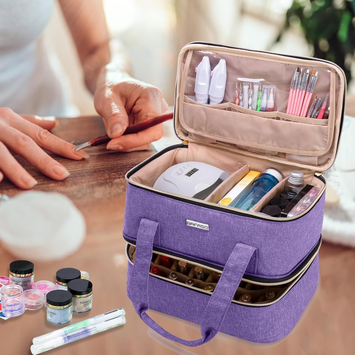 Nail Polish Storage Holds 40 Bottles and a Nail Lamp, Black | Fits 15ml - 0.5 fl.oz, Nail Case with Manicure Tools Sections.