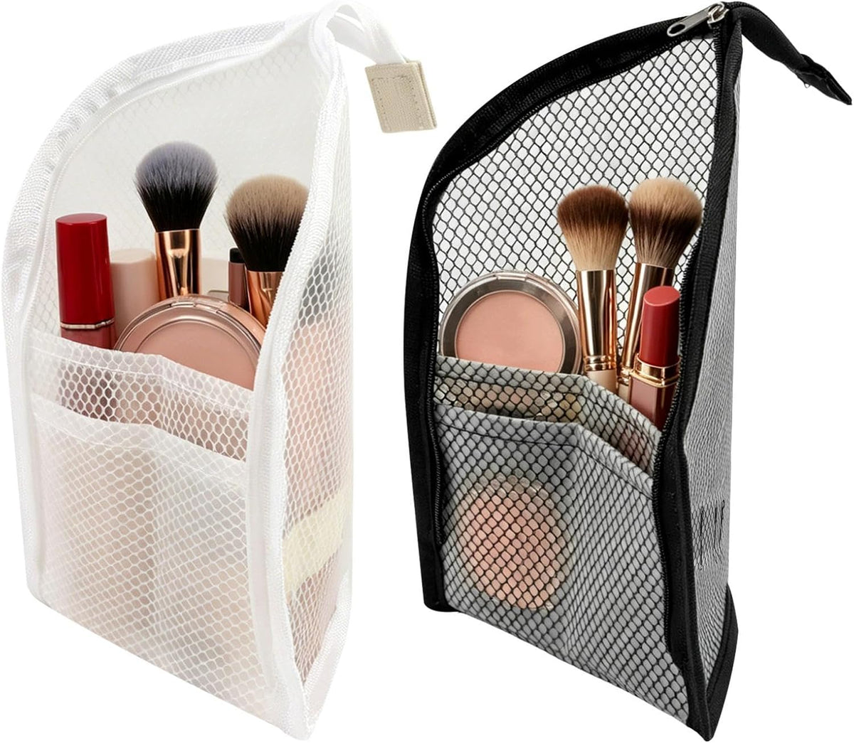 2 Pack White & Black Standing Toiletry Bag, Upright Waterproof Travel Toiletry Bag, Foldable Translucent Hanging Cosmetic Pouch, EVA MeshTravel Bag for Bathroom, Business Trip, Family Travel