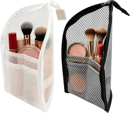 2 Pack White & Black Standing Toiletry Bag, Upright Waterproof Travel Toiletry Bag, Foldable Translucent Hanging Cosmetic Pouch, EVA MeshTravel Bag for Bathroom, Business Trip, Family Travel