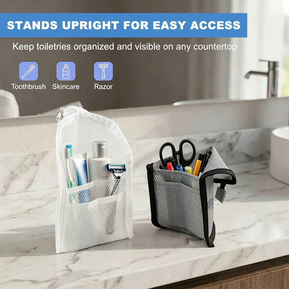 2 Pack White & Black Standing Toiletry Bag, Upright Waterproof Travel Toiletry Bag, Foldable Translucent Hanging Cosmetic Pouch, EVA MeshTravel Bag for Bathroom, Business Trip, Family Travel