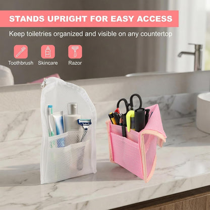 2 Pack White & Black Standing Toiletry Bag, Upright Waterproof Travel Toiletry Bag, Foldable Translucent Hanging Cosmetic Pouch, EVA MeshTravel Bag for Bathroom, Business Trip, Family Travel