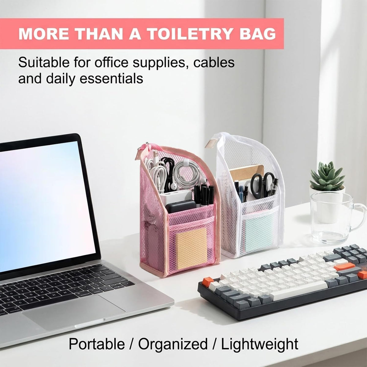 2 Pack White & Black Standing Toiletry Bag, Upright Waterproof Travel Toiletry Bag, Foldable Translucent Hanging Cosmetic Pouch, EVA MeshTravel Bag for Bathroom, Business Trip, Family Travel
