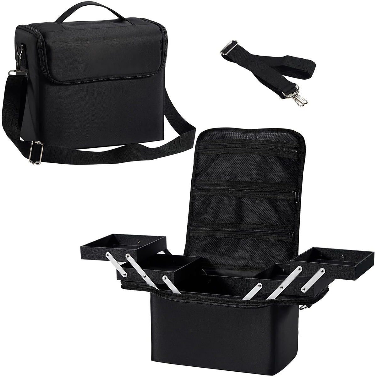 Large Travel Makeup Train Case, Big Makeup Bag Organizer Makeup Box,4 Tier Professional Cosmetic Storage Cases for Nail Tech Tattoo Storage Bag for Equipment and Supplies with luggage Sleeve
