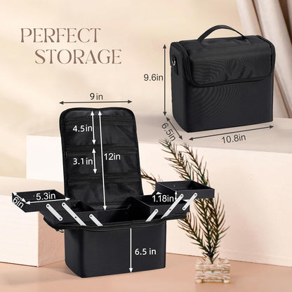 Large Travel Makeup Train Case, Big Makeup Bag Organizer Makeup Box,4 Tier Professional Cosmetic Storage Cases for Nail Tech Tattoo Storage Bag for Equipment and Supplies with luggage Sleeve