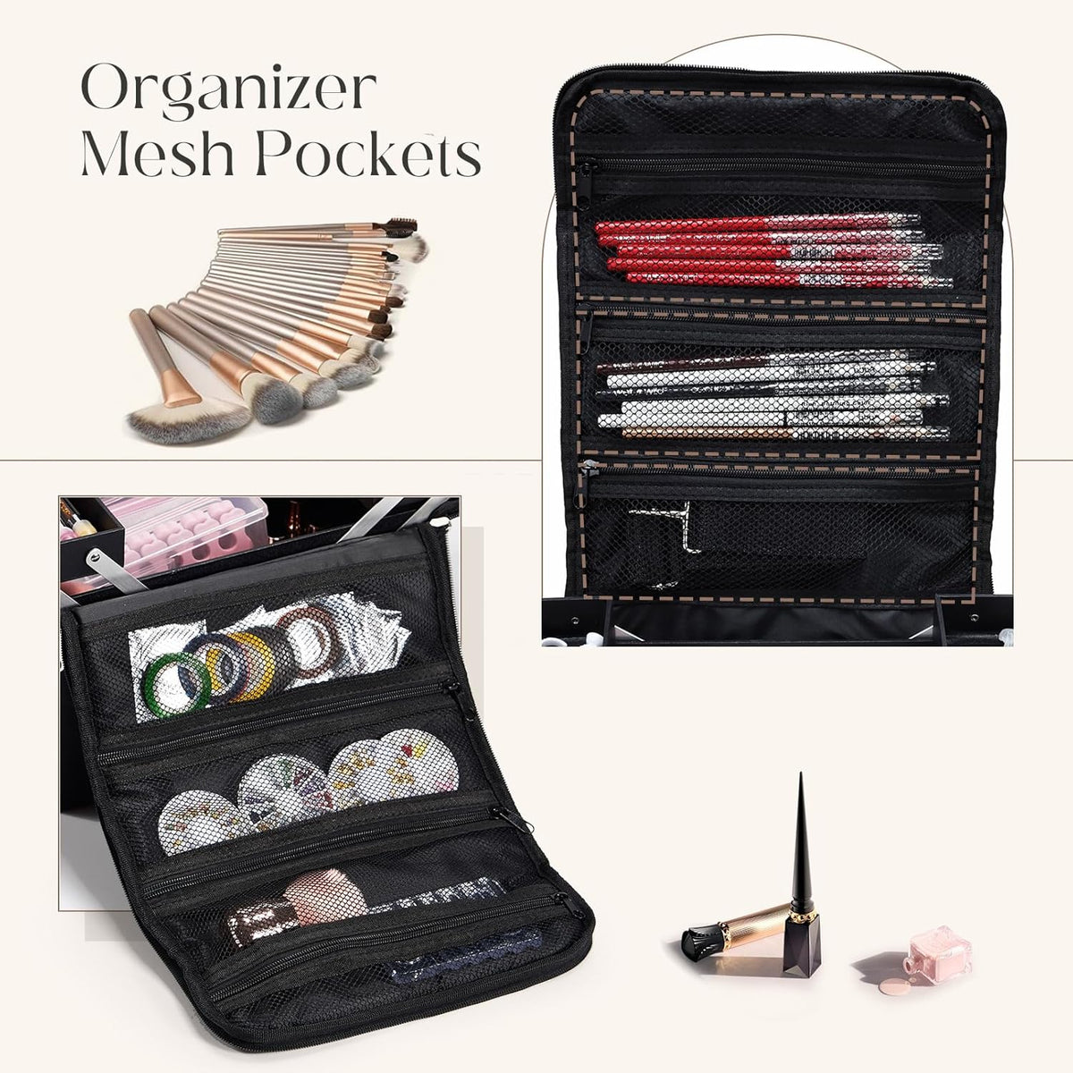 Large Travel Makeup Train Case, Big Makeup Bag Organizer Makeup Box,4 Tier Professional Cosmetic Storage Cases for Nail Tech Tattoo Storage Bag for Equipment and Supplies with luggage Sleeve