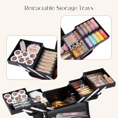 Large Travel Makeup Train Case, Big Makeup Bag Organizer Makeup Box,4 Tier Professional Cosmetic Storage Cases for Nail Tech Tattoo Storage Bag for Equipment and Supplies with luggage Sleeve