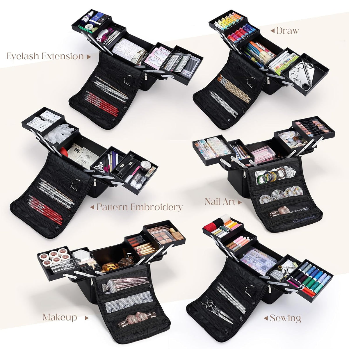 Large Travel Makeup Train Case, Big Makeup Bag Organizer Makeup Box,4 Tier Professional Cosmetic Storage Cases for Nail Tech Tattoo Storage Bag for Equipment and Supplies with luggage Sleeve