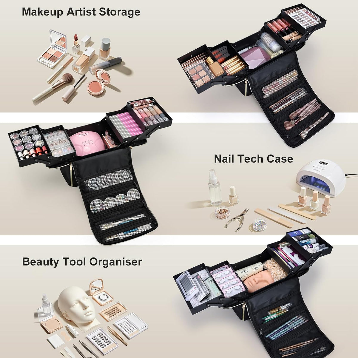 Large Travel Makeup Train Case, Big Makeup Bag Organizer Makeup Box,4 Tier Professional Cosmetic Storage Cases for Nail Tech Tattoo Storage Bag for Equipment and Supplies with luggage Sleeve