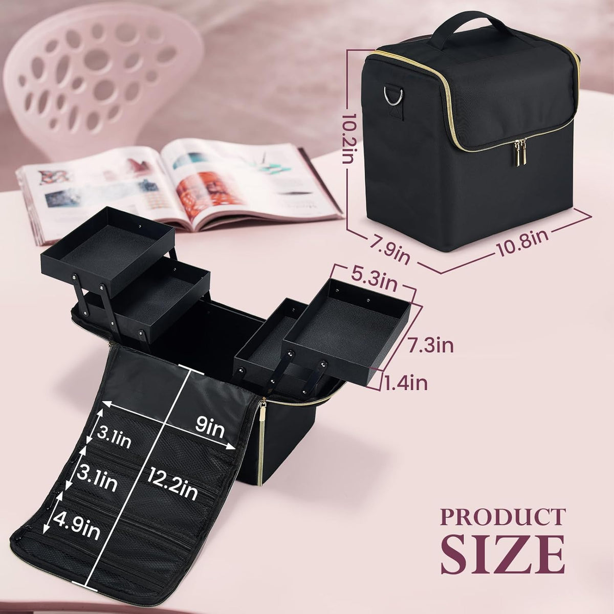 Large Travel Makeup Train Case, Big Makeup Bag Organizer Makeup Box,4 Tier Professional Cosmetic Storage Cases for Nail Tech Tattoo Storage Bag for Equipment and Supplies with luggage Sleeve