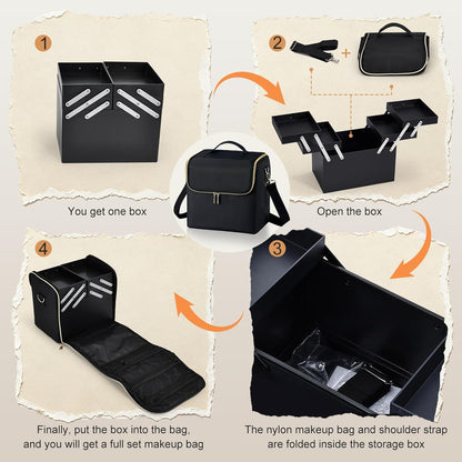 Large Travel Makeup Train Case, Big Makeup Bag Organizer Makeup Box,4 Tier Professional Cosmetic Storage Cases for Nail Tech Tattoo Storage Bag for Equipment and Supplies with luggage Sleeve