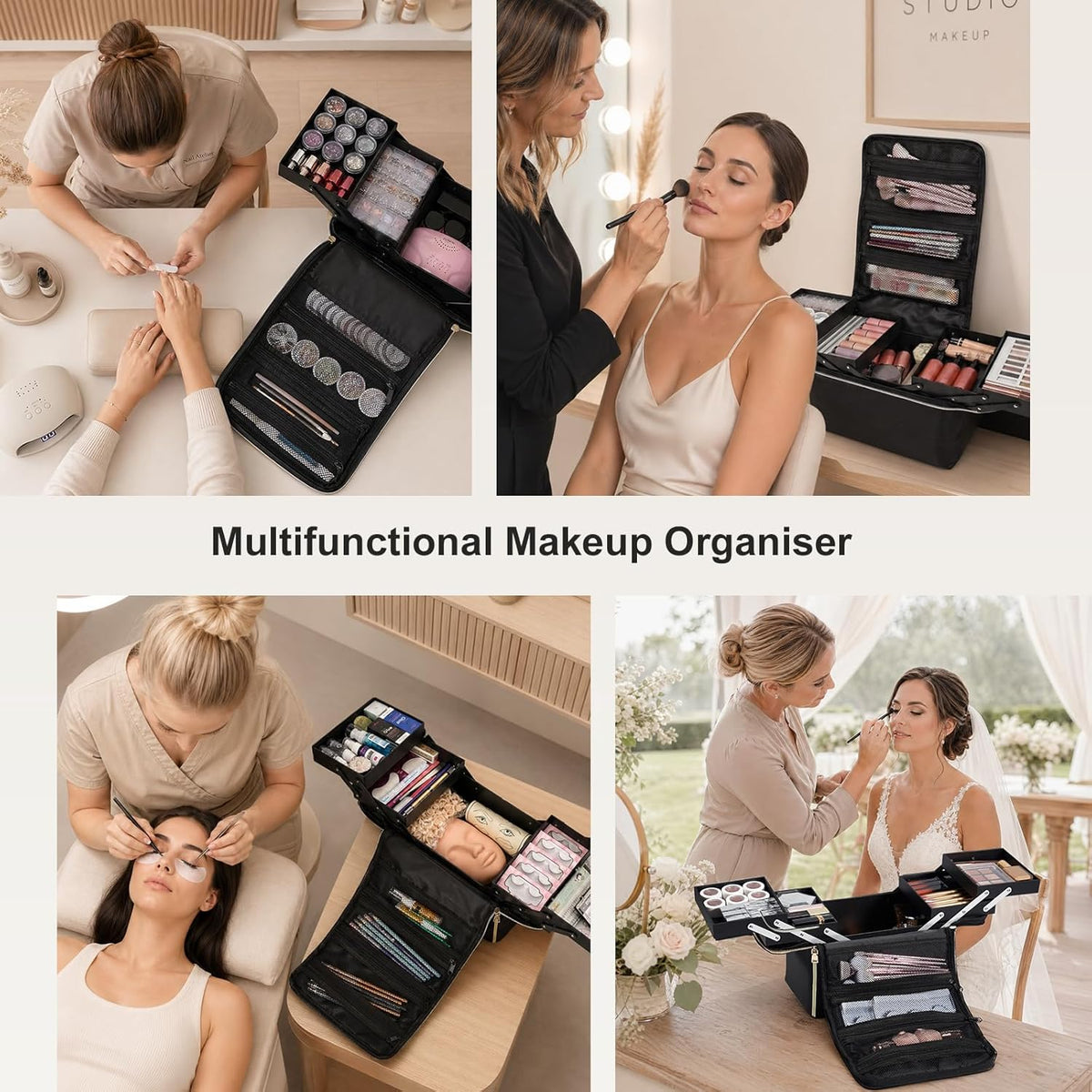Large Travel Makeup Train Case, Big Makeup Bag Organizer Makeup Box,4 Tier Professional Cosmetic Storage Cases for Nail Tech Tattoo Storage Bag for Equipment and Supplies with luggage Sleeve