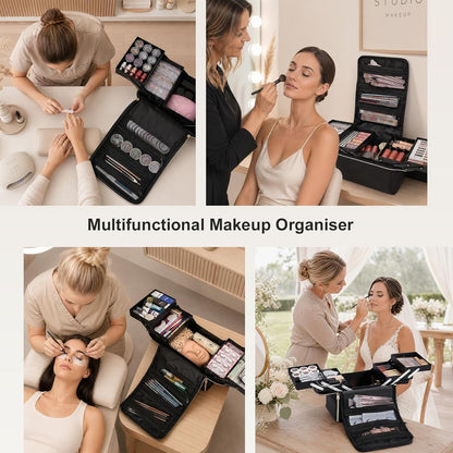 Large Travel Makeup Train Case, Big Makeup Bag Organizer Makeup Box,4 Tier Professional Cosmetic Storage Cases for Nail Tech Tattoo Storage Bag for Equipment and Supplies with luggage Sleeve