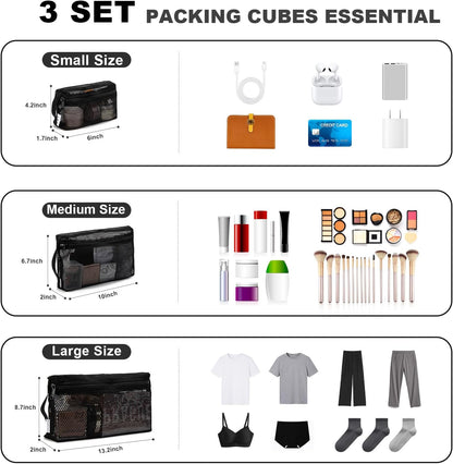 3-Pack Mesh Travel Toiletry Bags - Clear Zipper Travel Organizer, Airport Carry-On Compliant Reusable Cosmetic Makeup Bag for Women & Men (Dark pink)