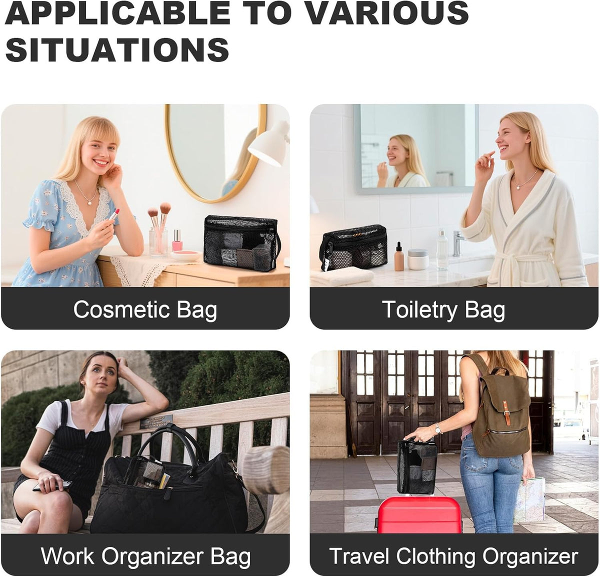 3-Pack Mesh Travel Toiletry Bags - Clear Zipper Travel Organizer, Airport Carry-On Compliant Reusable Cosmetic Makeup Bag for Women & Men (Dark pink)