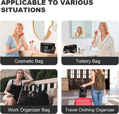 3-Pack Mesh Travel Toiletry Bags - Clear Zipper Travel Organizer, Airport Carry-On Compliant Reusable Cosmetic Makeup Bag for Women & Men (Dark pink)