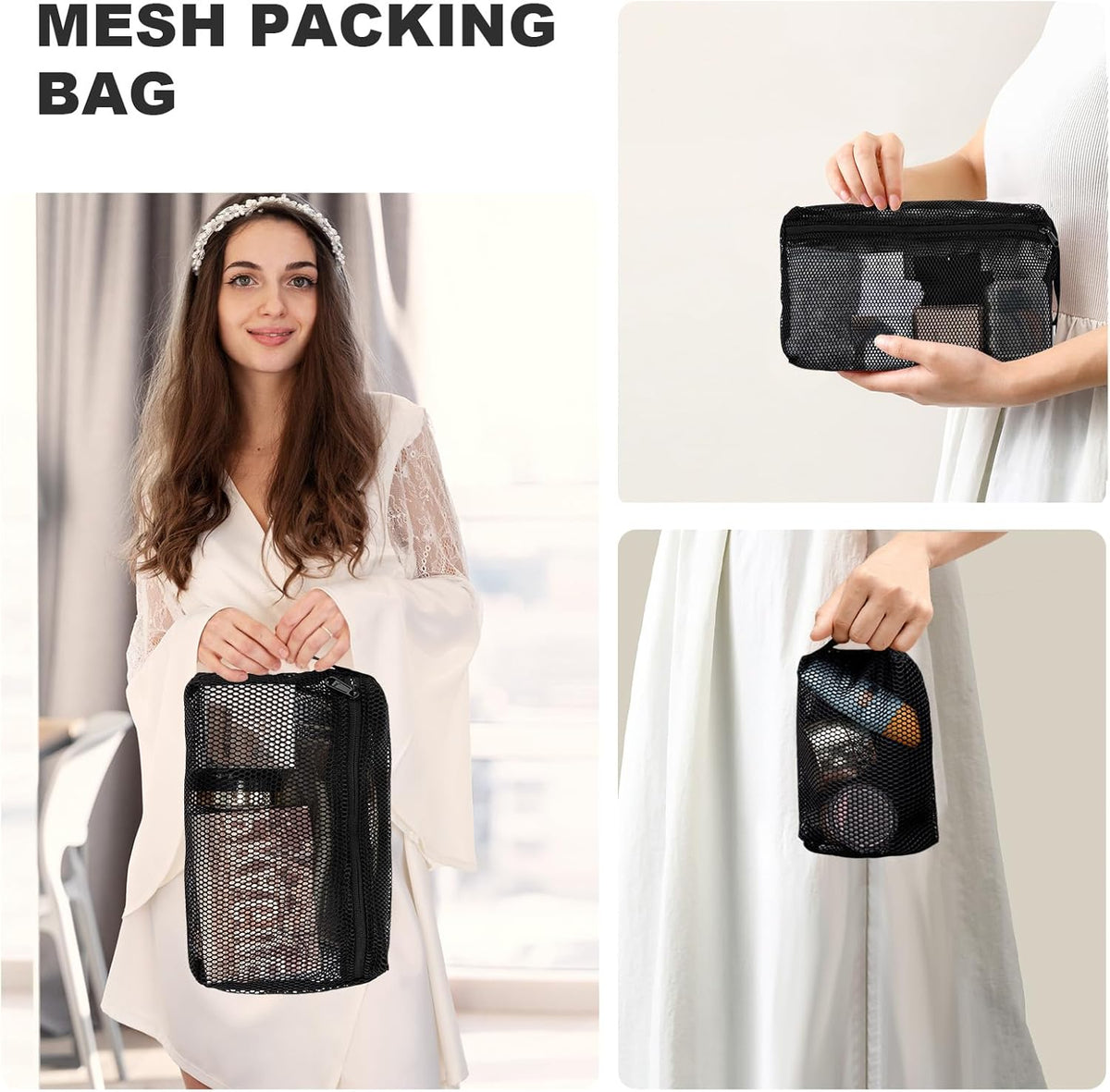 3-Pack Mesh Travel Toiletry Bags - Clear Zipper Travel Organizer, Airport Carry-On Compliant Reusable Cosmetic Makeup Bag for Women & Men (Dark pink)