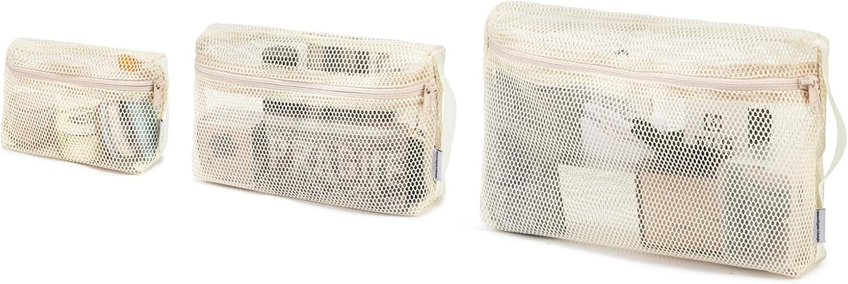 3-Pack Mesh Travel Toiletry Bags - Clear Zipper Travel Organizer, Airport Carry-On Compliant Reusable Cosmetic Makeup Bag for Women & Men (Dark pink)