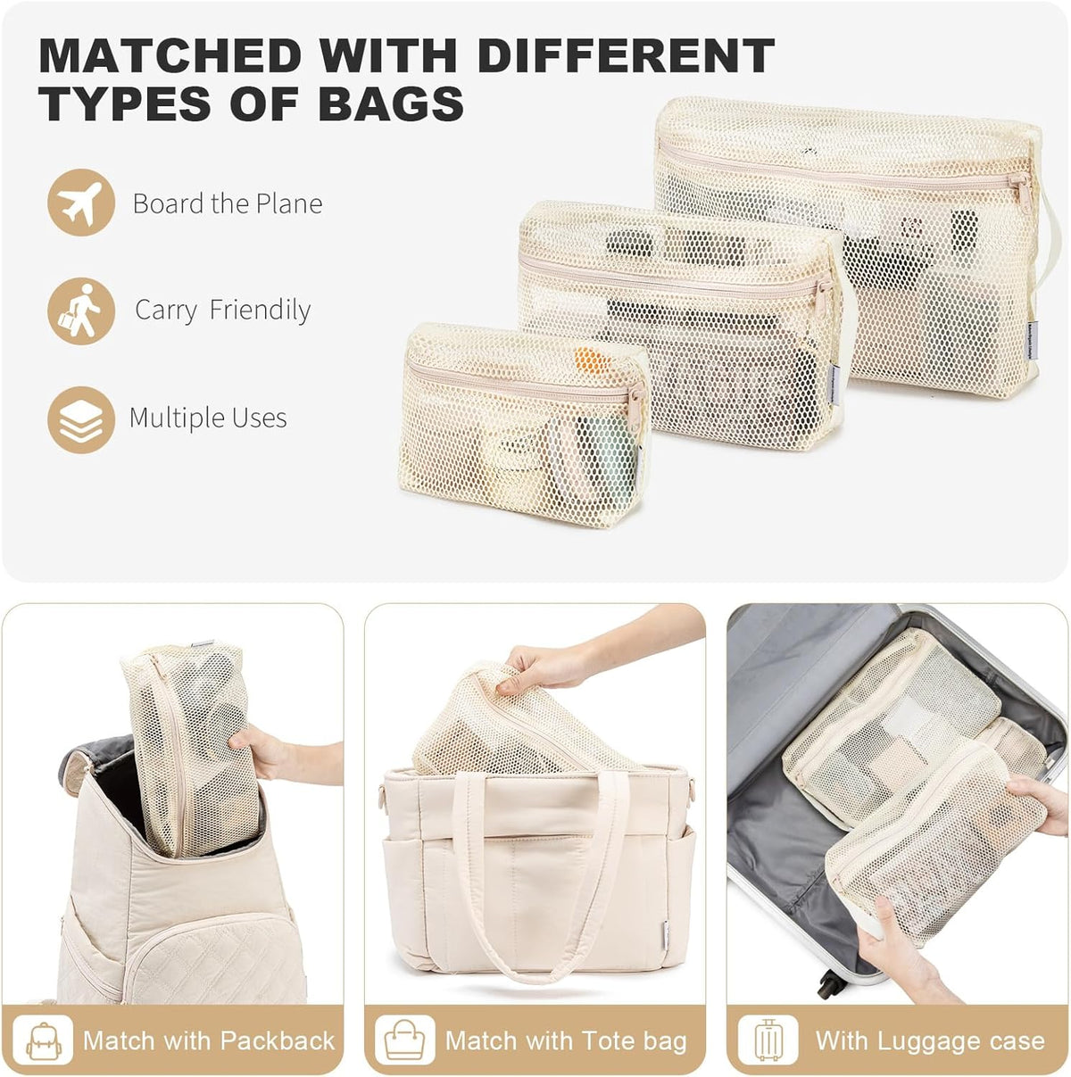 3-Pack Mesh Travel Toiletry Bags - Clear Zipper Travel Organizer, Airport Carry-On Compliant Reusable Cosmetic Makeup Bag for Women & Men (Dark pink)