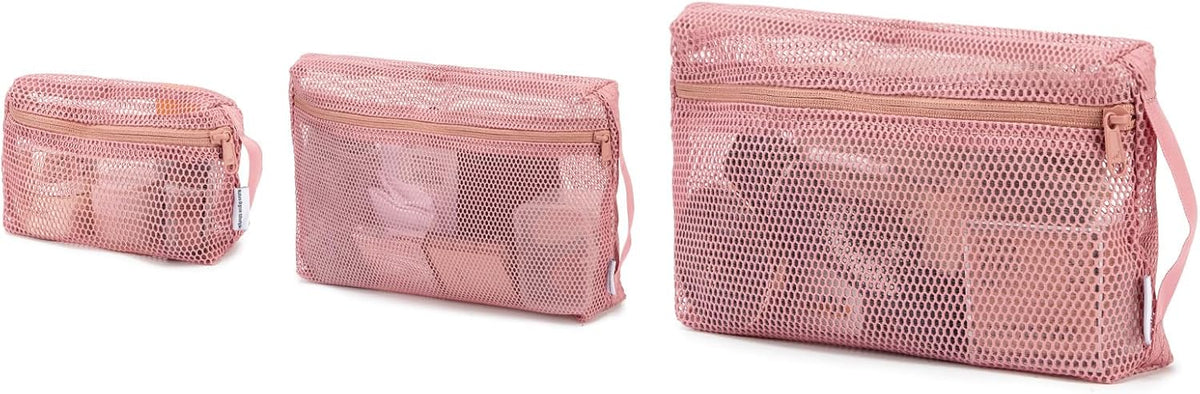 3-Pack Mesh Travel Toiletry Bags - Clear Zipper Travel Organizer, Airport Carry-On Compliant Reusable Cosmetic Makeup Bag for Women & Men (Dark pink)