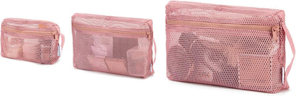 3-Pack Mesh Travel Toiletry Bags - Clear Zipper Travel Organizer, Airport Carry-On Compliant Reusable Cosmetic Makeup Bag for Women & Men (Dark pink)