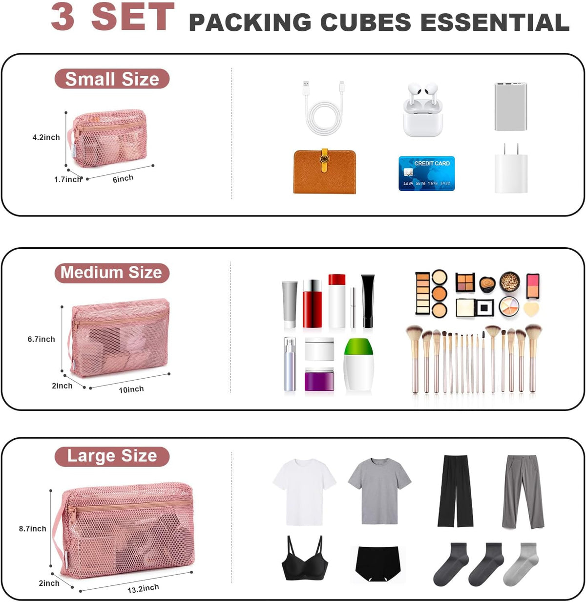3-Pack Mesh Travel Toiletry Bags - Clear Zipper Travel Organizer, Airport Carry-On Compliant Reusable Cosmetic Makeup Bag for Women & Men (Dark pink)