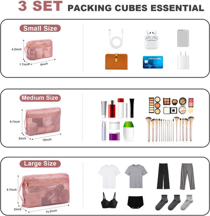 3-Pack Mesh Travel Toiletry Bags - Clear Zipper Travel Organizer, Airport Carry-On Compliant Reusable Cosmetic Makeup Bag for Women & Men (Dark pink)