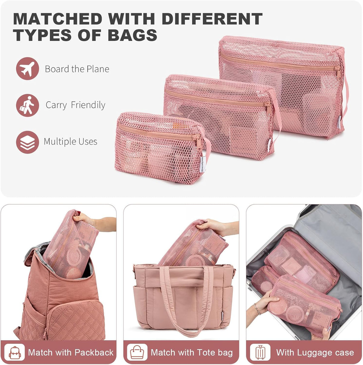 3-Pack Mesh Travel Toiletry Bags - Clear Zipper Travel Organizer, Airport Carry-On Compliant Reusable Cosmetic Makeup Bag for Women & Men (Dark pink)