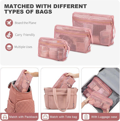 3-Pack Mesh Travel Toiletry Bags - Clear Zipper Travel Organizer, Airport Carry-On Compliant Reusable Cosmetic Makeup Bag for Women & Men (Dark pink)