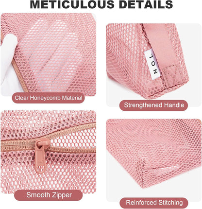 3-Pack Mesh Travel Toiletry Bags - Clear Zipper Travel Organizer, Airport Carry-On Compliant Reusable Cosmetic Makeup Bag for Women & Men (Dark pink)
