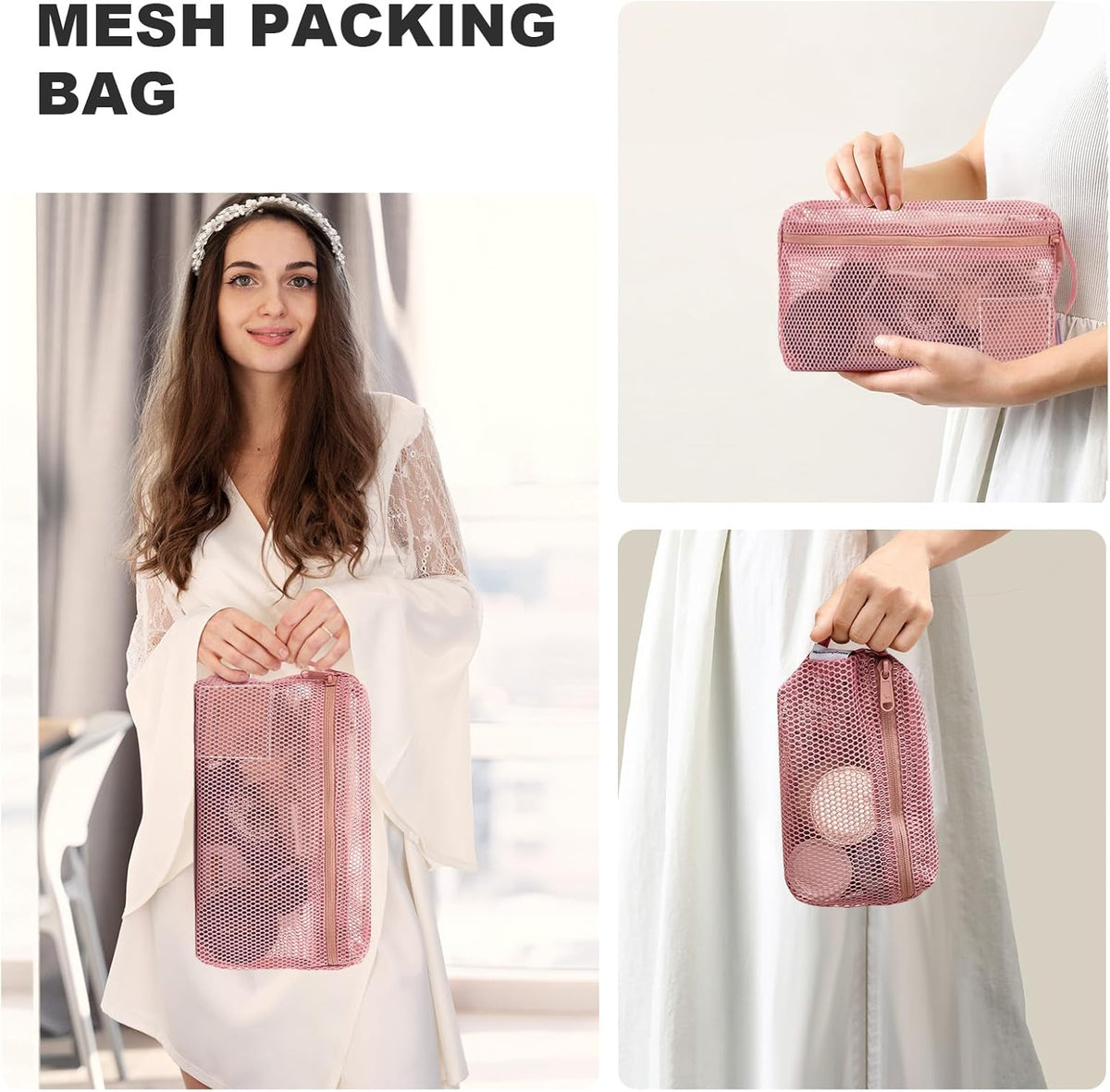 3-Pack Mesh Travel Toiletry Bags - Clear Zipper Travel Organizer, Airport Carry-On Compliant Reusable Cosmetic Makeup Bag for Women & Men (Dark pink)