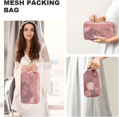 3-Pack Mesh Travel Toiletry Bags - Clear Zipper Travel Organizer, Airport Carry-On Compliant Reusable Cosmetic Makeup Bag for Women & Men (Dark pink)