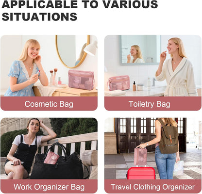 3-Pack Mesh Travel Toiletry Bags - Clear Zipper Travel Organizer, Airport Carry-On Compliant Reusable Cosmetic Makeup Bag for Women & Men (Dark pink)
