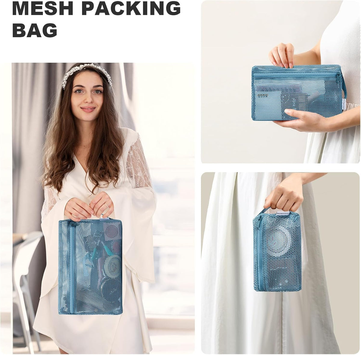 3-Pack Mesh Travel Toiletry Bags - Clear Zipper Travel Organizer, Airport Carry-On Compliant Reusable Cosmetic Makeup Bag for Women & Men (Dark pink)