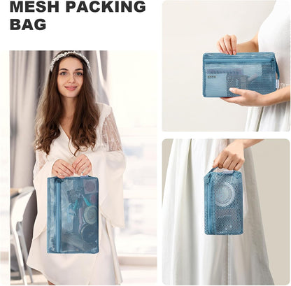 3-Pack Mesh Travel Toiletry Bags - Clear Zipper Travel Organizer, Airport Carry-On Compliant Reusable Cosmetic Makeup Bag for Women & Men (Dark pink)