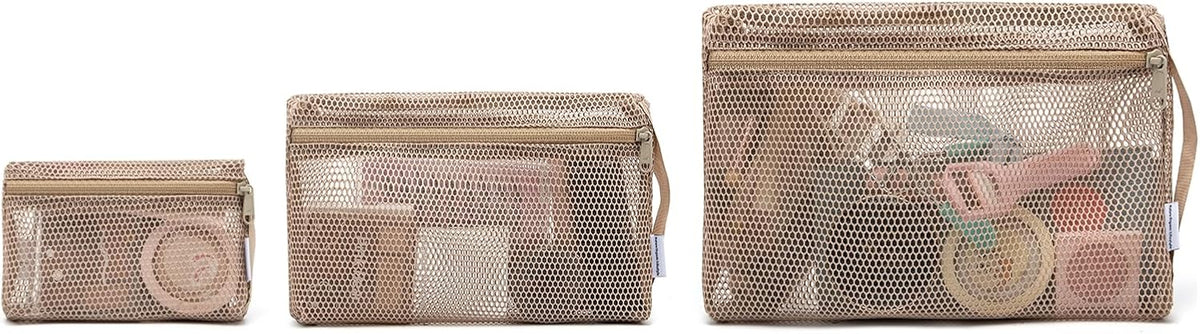 3-Pack Mesh Travel Toiletry Bags - Clear Zipper Travel Organizer, Airport Carry-On Compliant Reusable Cosmetic Makeup Bag for Women & Men (Dark pink)