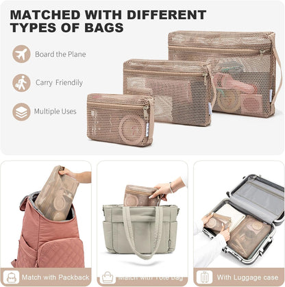 3-Pack Mesh Travel Toiletry Bags - Clear Zipper Travel Organizer, Airport Carry-On Compliant Reusable Cosmetic Makeup Bag for Women & Men (Dark pink)