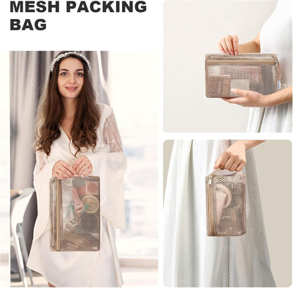 3-Pack Mesh Travel Toiletry Bags - Clear Zipper Travel Organizer, Airport Carry-On Compliant Reusable Cosmetic Makeup Bag for Women & Men (Dark pink)