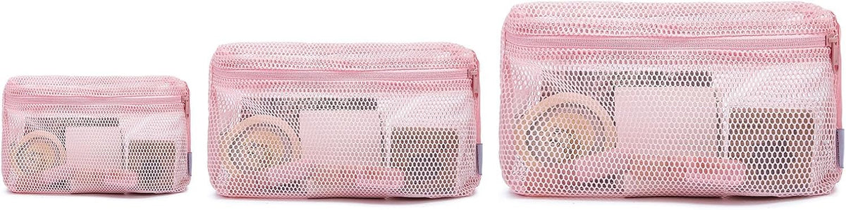 3-Pack Mesh Travel Toiletry Bags - Clear Zipper Travel Organizer, Airport Carry-On Compliant Reusable Cosmetic Makeup Bag for Women & Men (Dark pink)