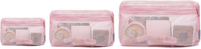 3-Pack Mesh Travel Toiletry Bags - Clear Zipper Travel Organizer, Airport Carry-On Compliant Reusable Cosmetic Makeup Bag for Women & Men (Dark pink)