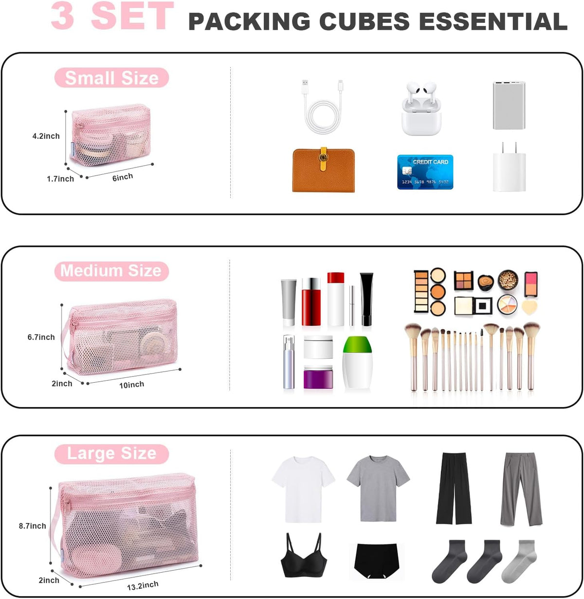 3-Pack Mesh Travel Toiletry Bags - Clear Zipper Travel Organizer, Airport Carry-On Compliant Reusable Cosmetic Makeup Bag for Women & Men (Dark pink)