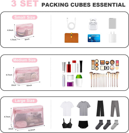 3-Pack Mesh Travel Toiletry Bags - Clear Zipper Travel Organizer, Airport Carry-On Compliant Reusable Cosmetic Makeup Bag for Women & Men (Dark pink)