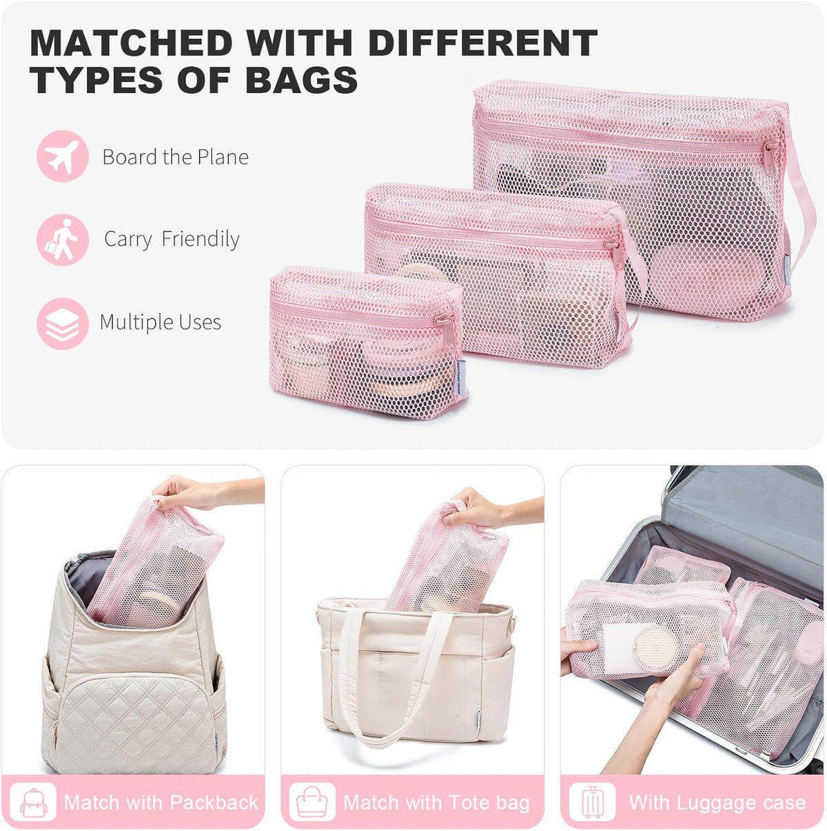3-Pack Mesh Travel Toiletry Bags - Clear Zipper Travel Organizer, Airport Carry-On Compliant Reusable Cosmetic Makeup Bag for Women & Men (Dark pink)