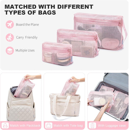 3-Pack Mesh Travel Toiletry Bags - Clear Zipper Travel Organizer, Airport Carry-On Compliant Reusable Cosmetic Makeup Bag for Women & Men (Dark pink)